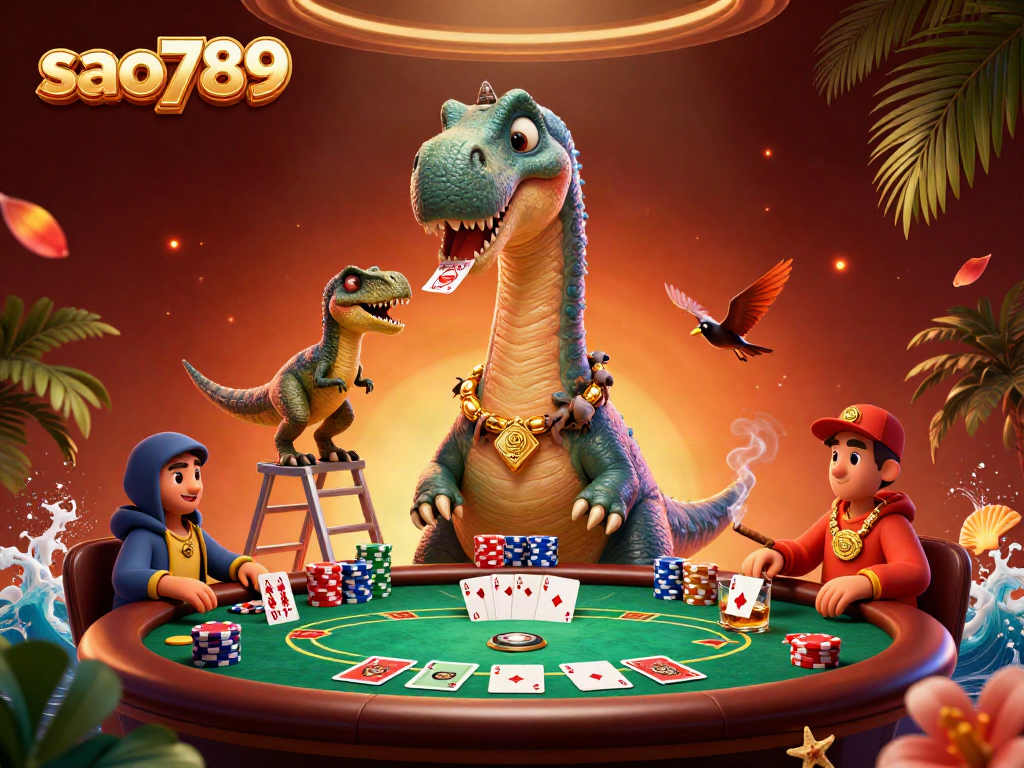 Join the thrilling action at sao789 with a vibrant poker scene featuring unique characters and colorful game elements.