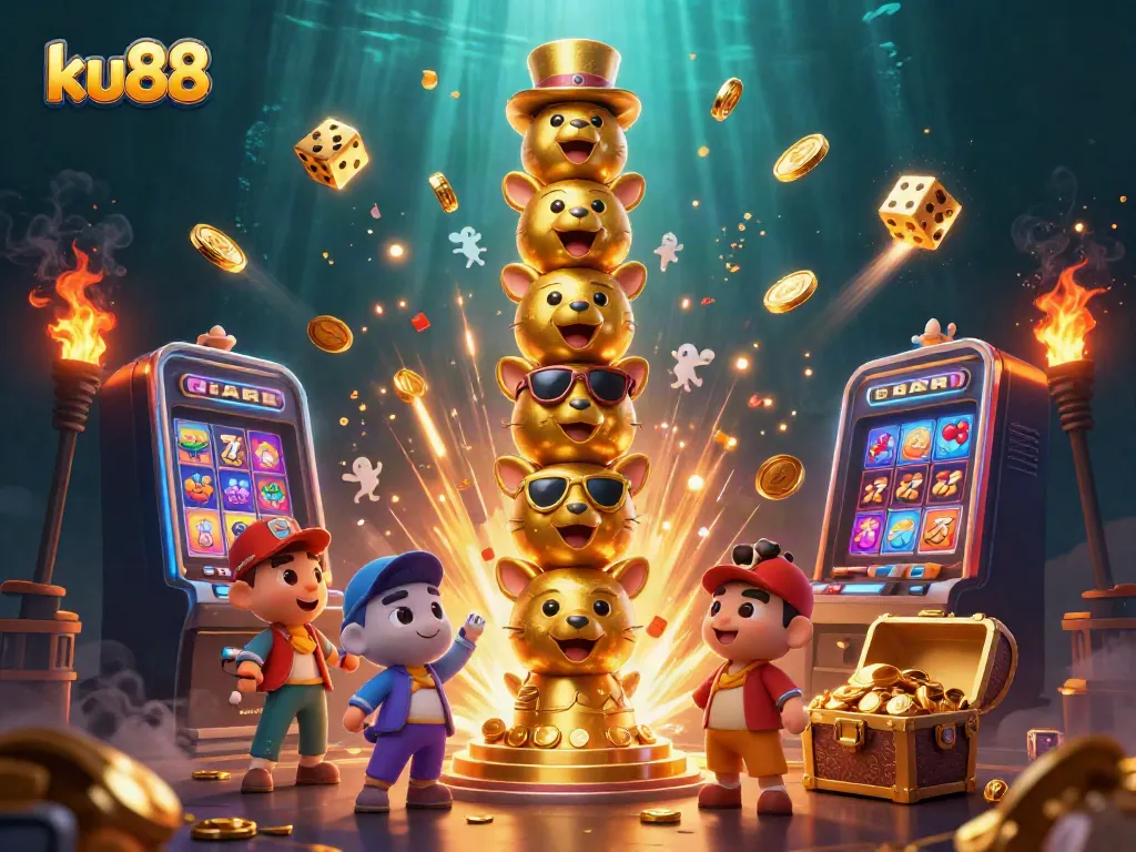 Feel the excitement at ku88 with a vibrant 3D illustration showcasing iconic casino elements and winning moments.