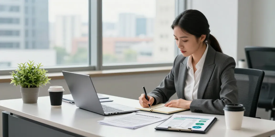 Business professional analyzing change of tenancy business energy documents in a modern office.