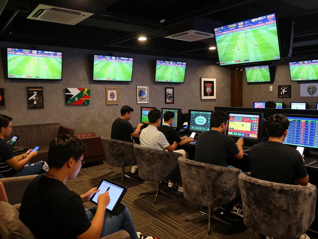 Excited bettors analyzing odds on their devices at keonhacaii88's sports betting lounge.
