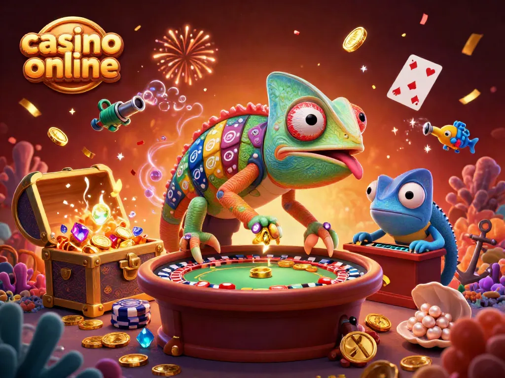 Juega y gana en un casino online con el chameleon dueño y tesoros en un fondo vibrante.