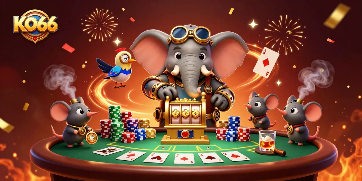 Engage with KO66's thrilling casino scene featuring steampunk characters and vibrant poker elements.