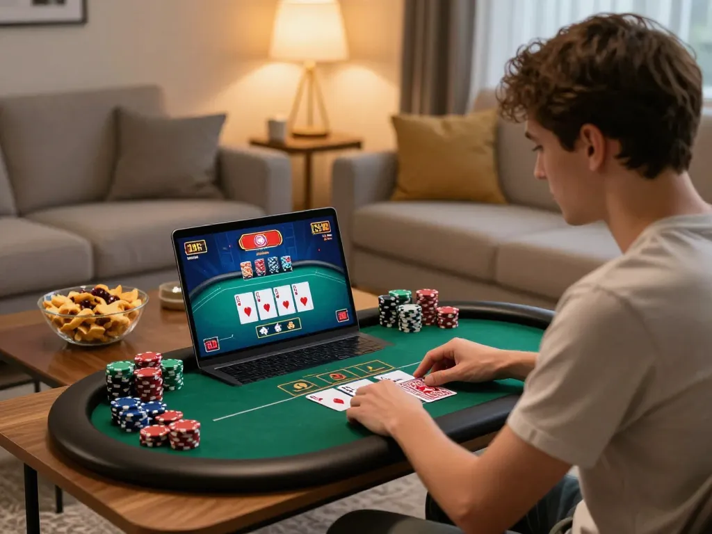Explore rokok 88 online poker strategies while enjoying a cozy home gaming session with snacks.