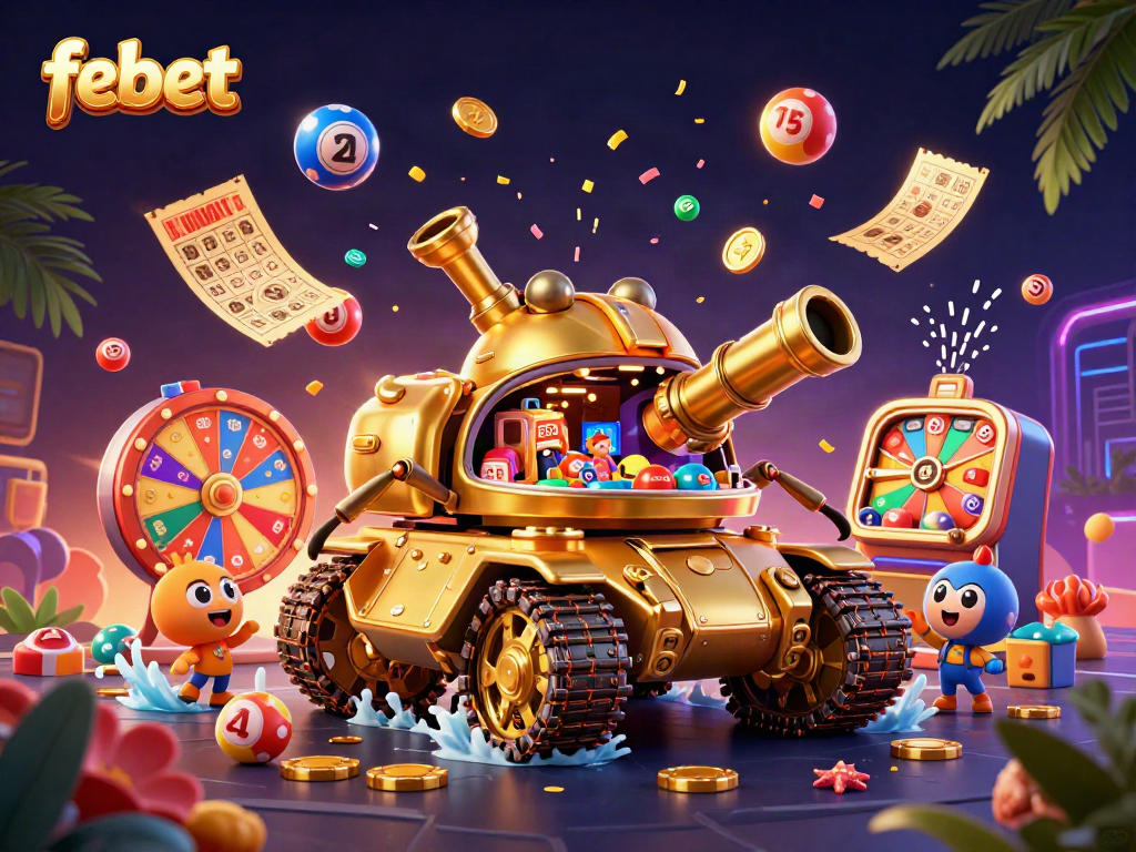 Join the excitement at Febet with a vibrant 3D casino illustration featuring dynamic lottery games and golden prizes.
