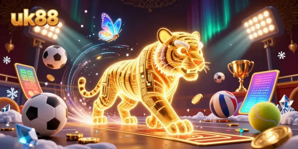 Engaging gameplay at uk88 with a glowing golden tiger in a vibrant casino scene filled with sports elements.