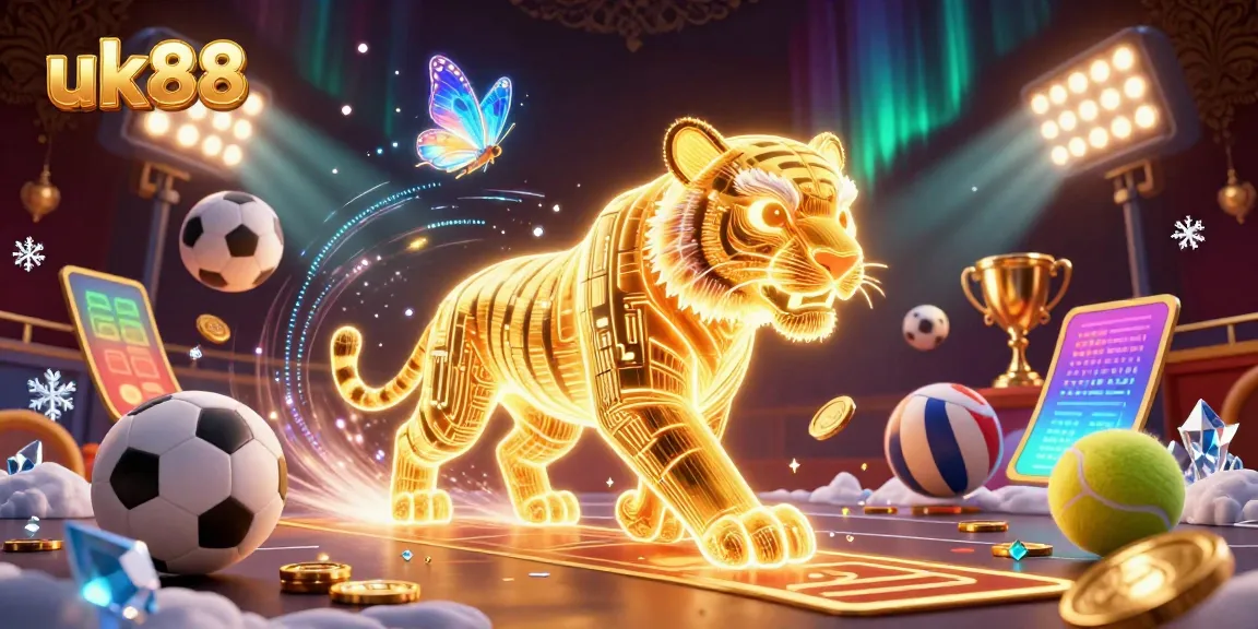 Engaging gameplay at uk88 with a glowing golden tiger in a vibrant casino scene filled with sports elements.