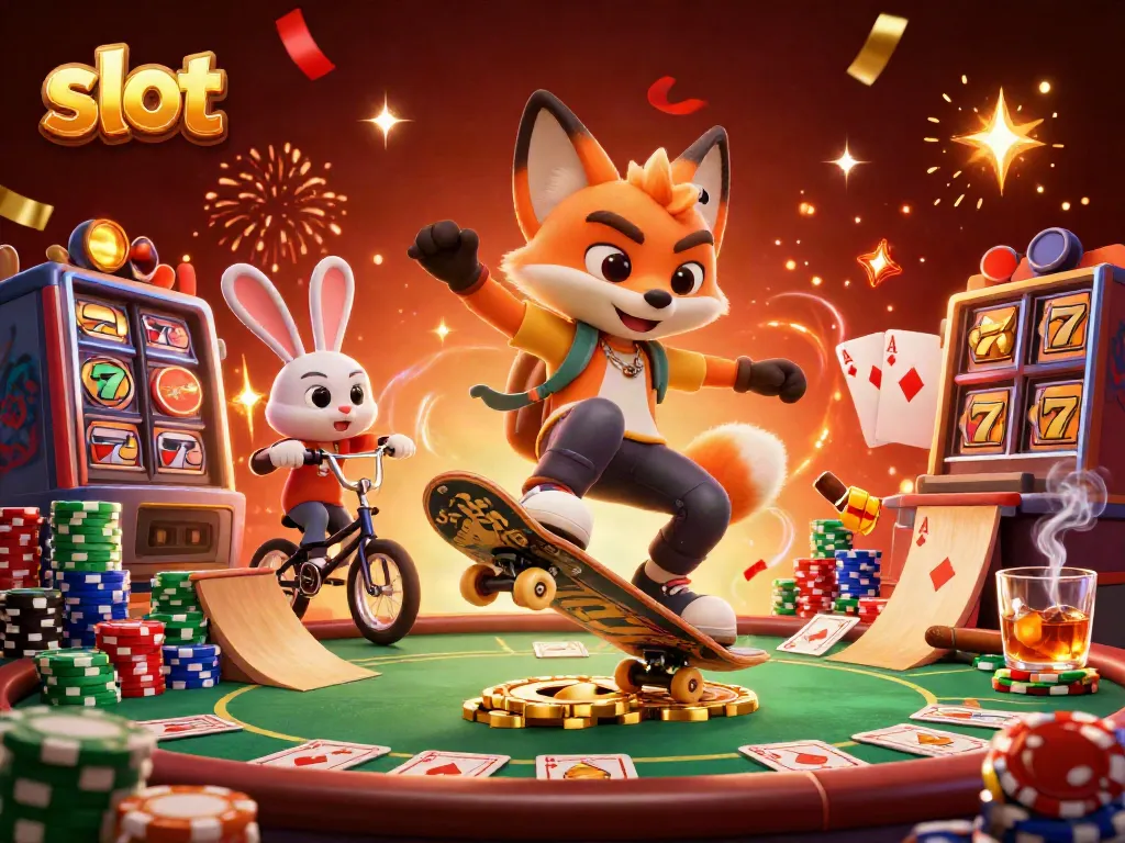 Skateboarder fox and BMX-riding rabbit celebrate with slots in a vibrant casino scene.