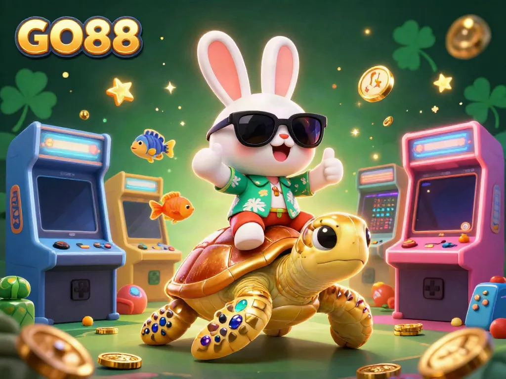 Experience the vibrant world of GO88 with a lucky rabbit and golden turtle in a lively casino atmosphere.
