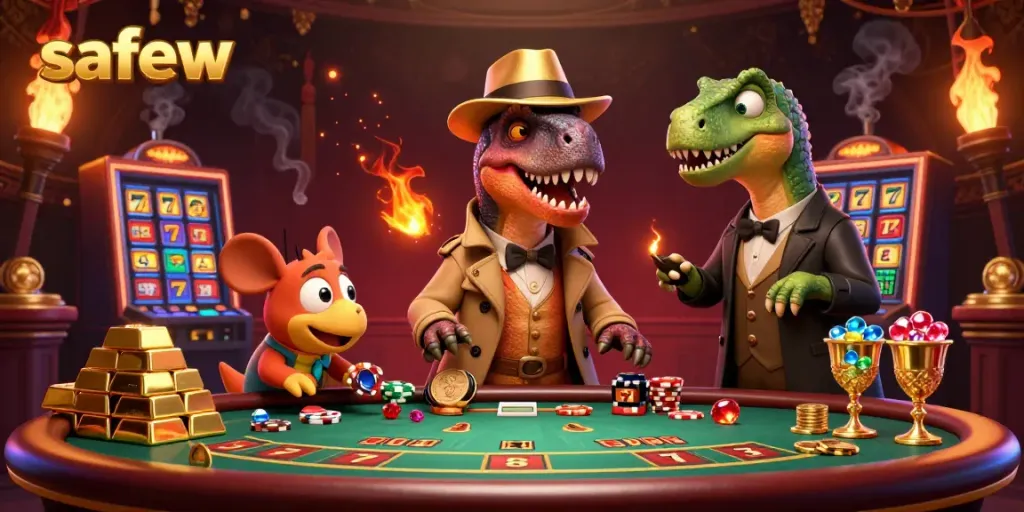 Safew ensures secure gameplay with a vibrant casino scene featuring a velociraptor card counter.