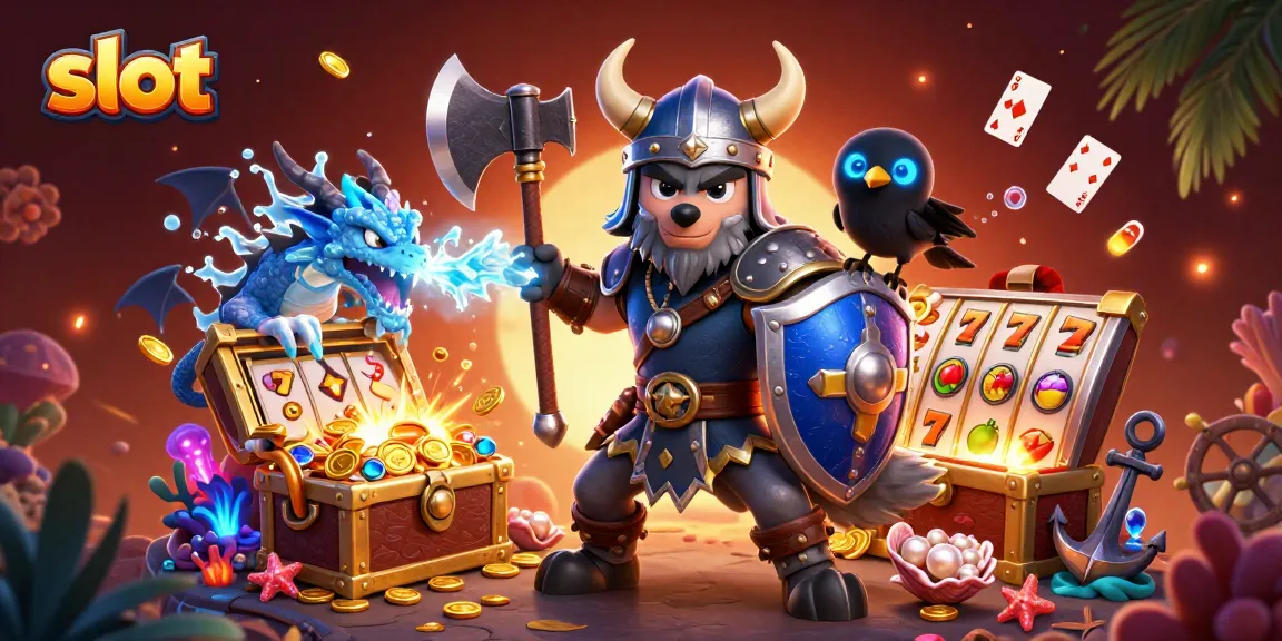 Unleash jackpots with slot machines in a vibrant 3D scene featuring a Viking wolf warrior, dragon, and treasures.