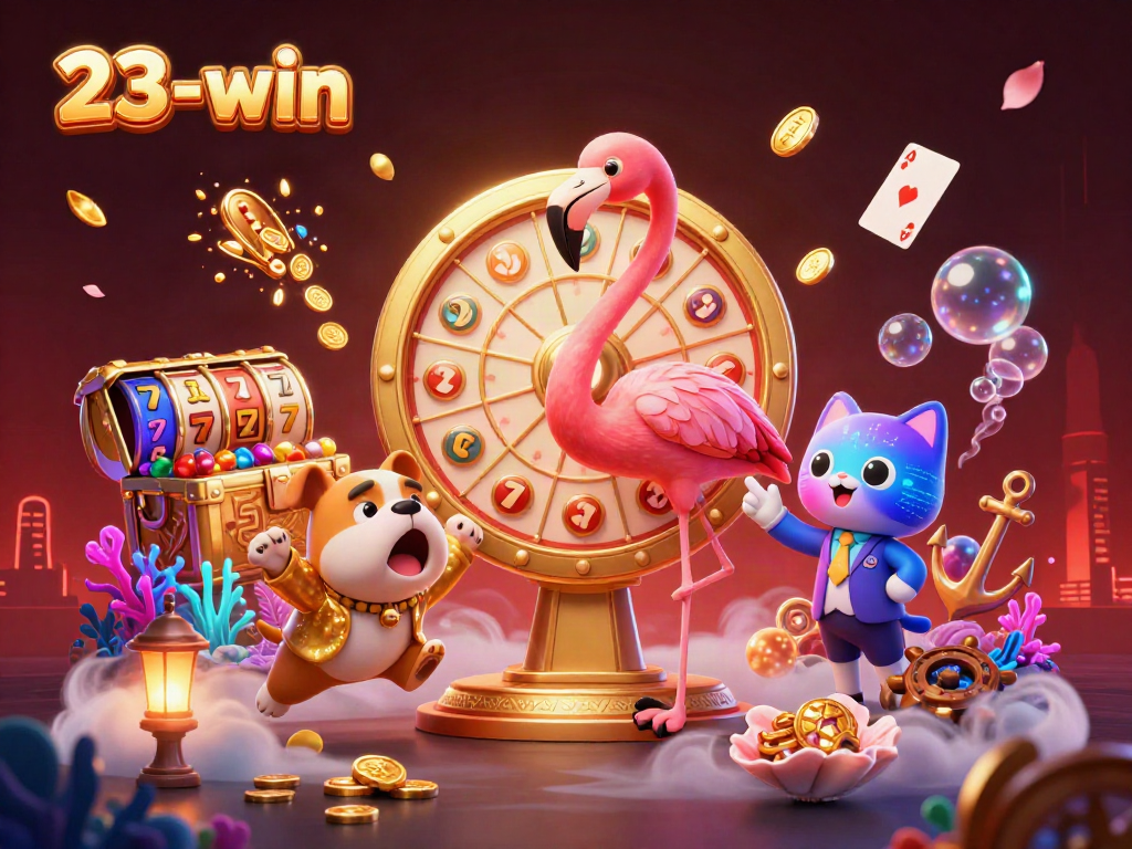 A dynamic 3D illustration showcasing 23-win's exciting casino atmosphere with a game show host flamingo, a bulldog contestant, and a scoreboard cat assistant amid golden treasures and slot symbols.