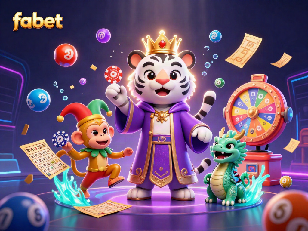Engage with fabet's vibrant casino world featuring an elegant tiger, jester monkey, and dynamic lottery elements.