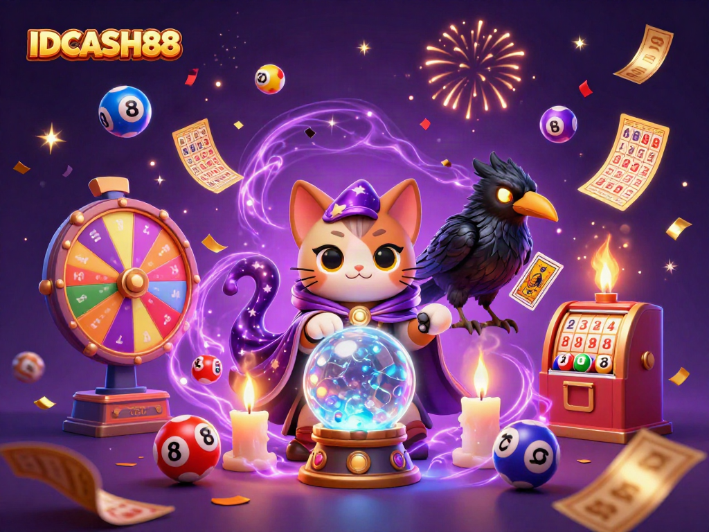 Play with IDCASH88 for thrilling wins in a vibrant, magical casino illustration filled with excitement.