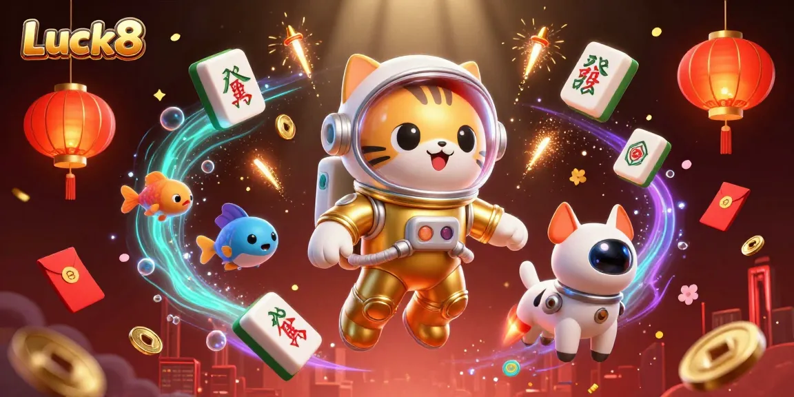 Experience thrilling gaming action with Luck8 in a vibrant 3D casino scene filled with cosmic elements.