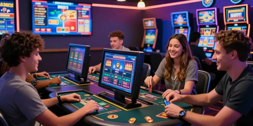 Players enjoying the excitement at a lively credit card casino scene, showcasing fast payouts and engaging gameplay.