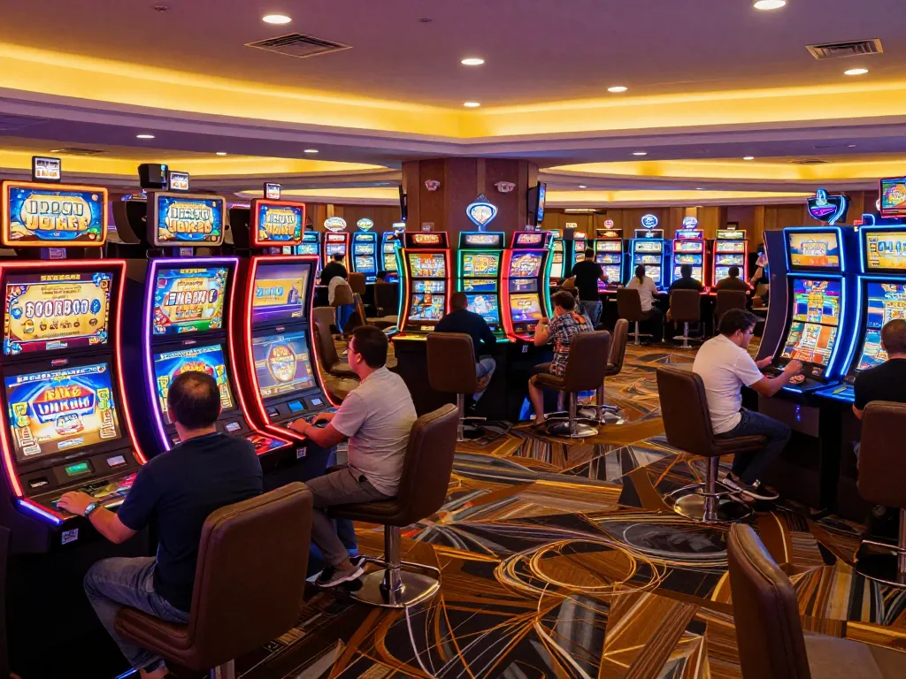 Players enjoying vibrant slot machines at IDC88 JOKER casino, exuding excitement and color.