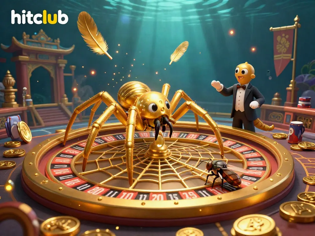 Engage in thrilling bets at hitclub with a cartoon scene of a spider spinning a roulette web.