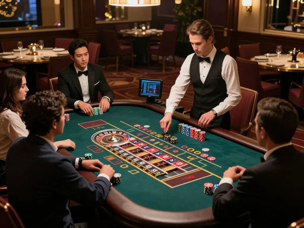 Engaged players at LOTO188 LINK roulette table with excitement during live dealer game.