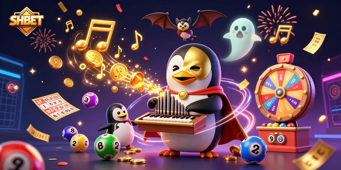 Experience winning excitement with SHBET's vibrant casino scene featuring golden musical moments and dynamic lottery elements.