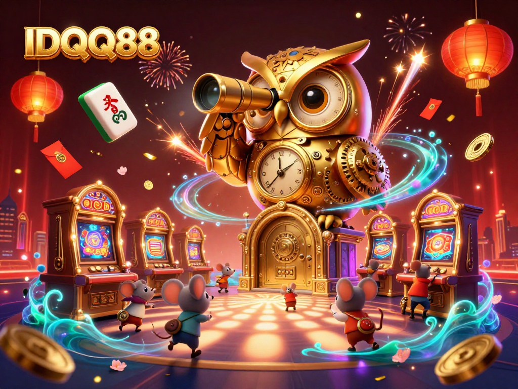 Engage with IDQQ88's vibrant casino experience featuring a golden owl amid dynamic gaming elements.