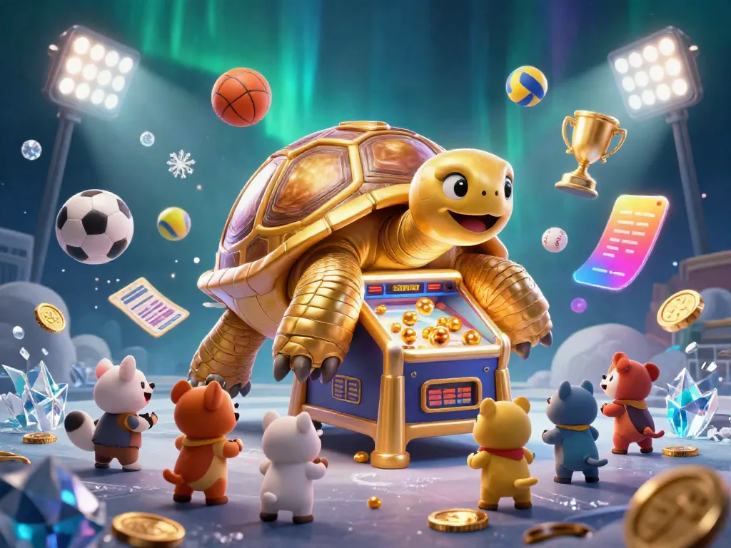 Experience the excitement of 23win with a vibrant 3D casino scene featuring a tortoise pinball machine and dynamic sports elements.