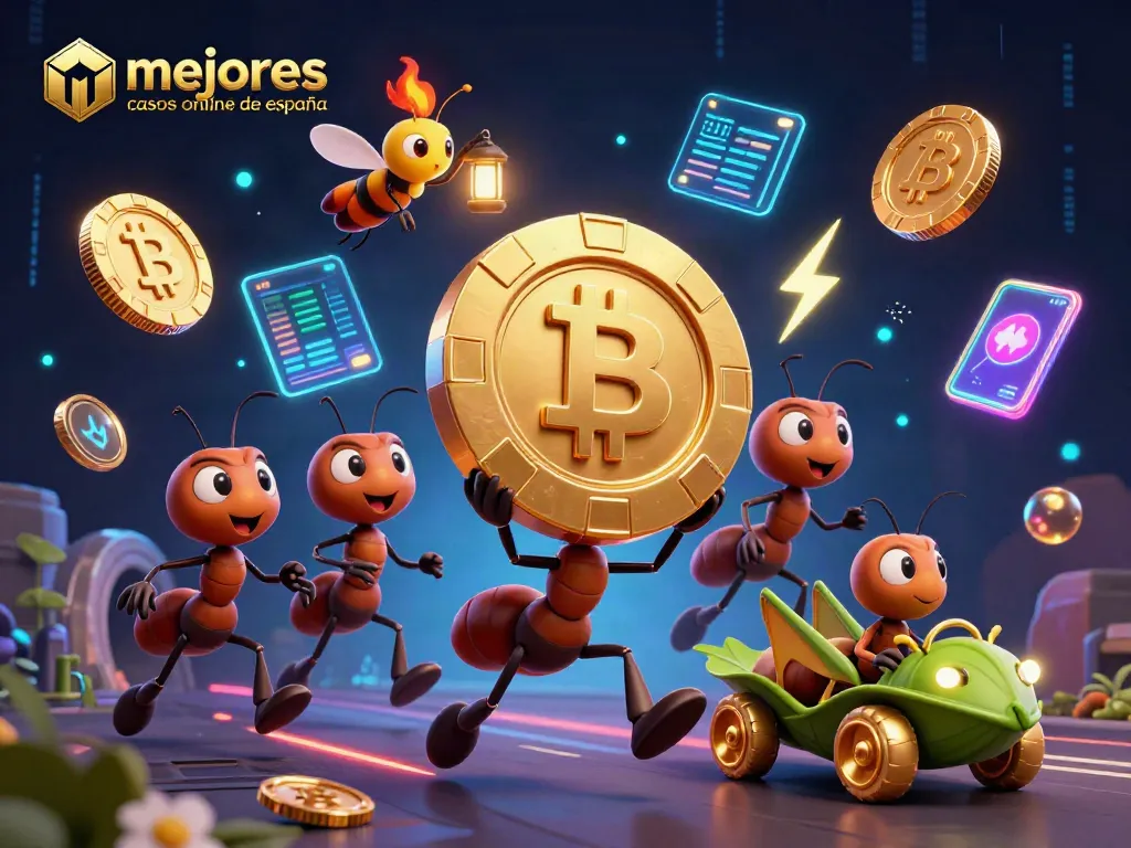 Hormigas cargando un chip de póker gigante en los mejores casinos online de España, ilustración 3D emocionante.