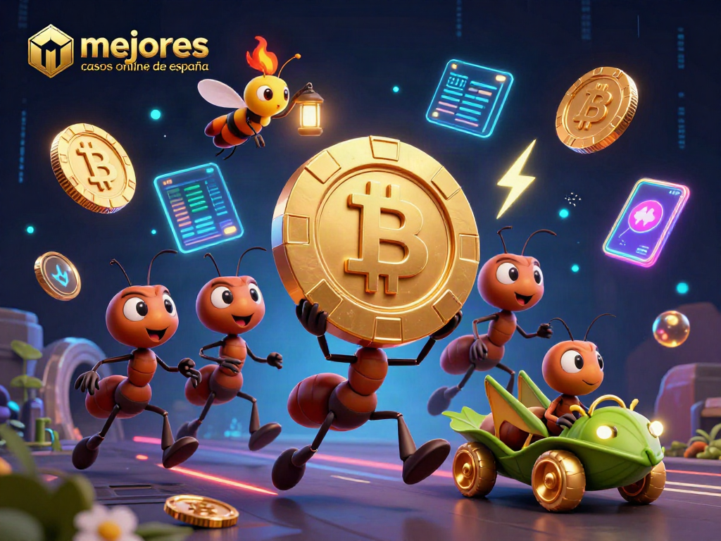 Hormigas cargando un chip de póker gigante en los mejores casinos online de España, ilustración 3D emocionante.