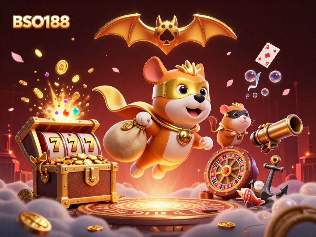 Win big with BSO188 as a superhero dog and hamster enjoy a thrilling casino adventure!