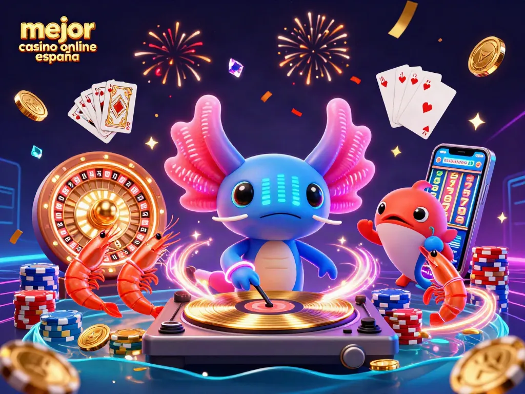 Celebrar el éxito en el mejor casino online España con coloridos personajes animados y elementos vibrantes.