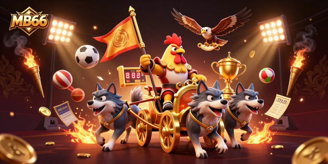 Experience the excitement of MB66 Casino with a dynamic 3D illustration featuring a winning rooster warlord and action-packed sports elements.