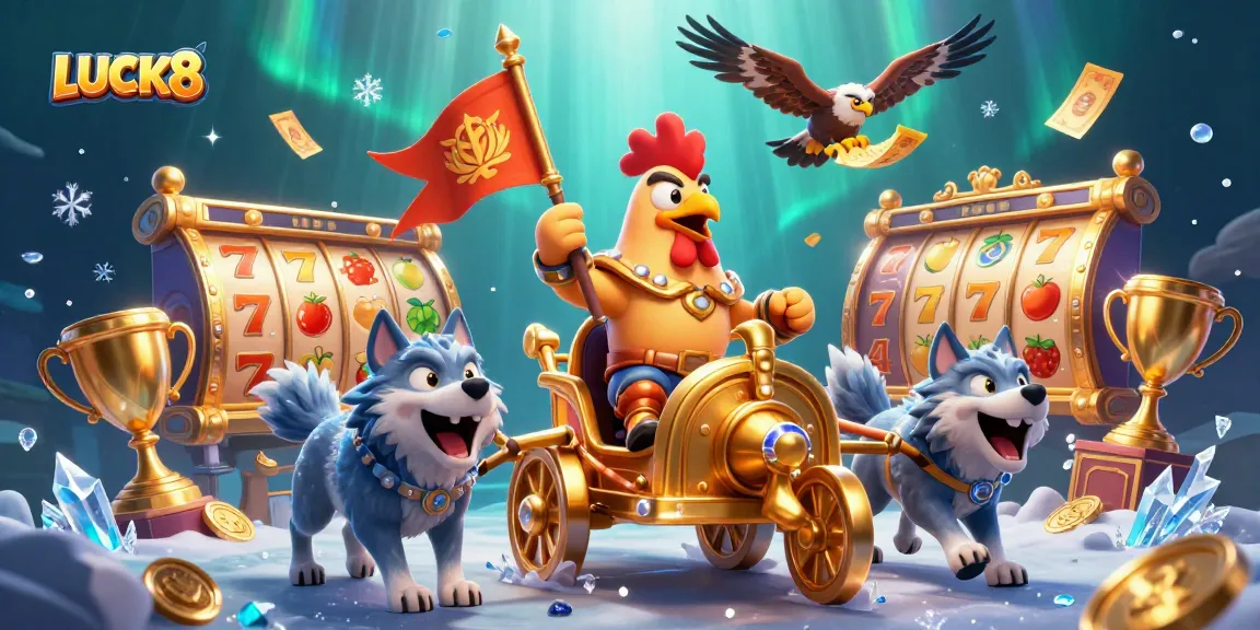 Experience thrilling LUCK8 slots with a dynamic scene featuring a rooster warlord and golden elements.
