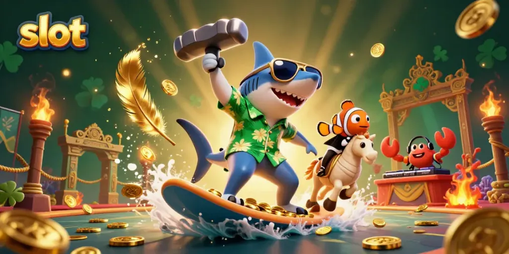 Experience thrilling slot gameplay with a shark, clownfish, and crab at a vivid underwater casino.