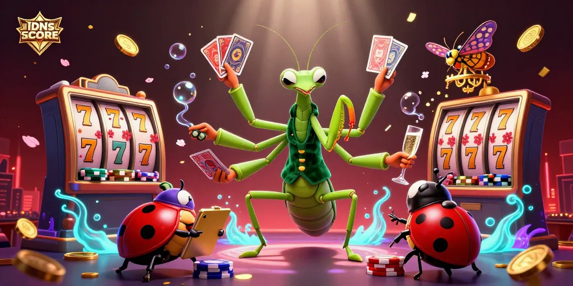 Join the gaming excitement at IDNSCORE with a vibrant scene featuring a giant mantis card sharp and ladybug pit boss.