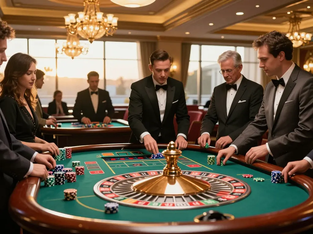 Toggel hk players engaging at roulette table, capturing the thrill of gaming with vibrant colors and warm casino ambiance.