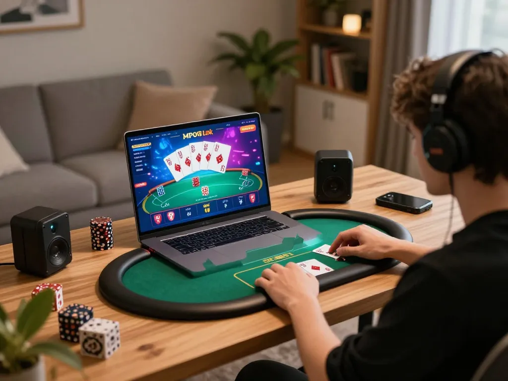 Engaged player enjoying the MPO08 Link on a laptop, showcasing an exciting online poker game in a cozy home setting