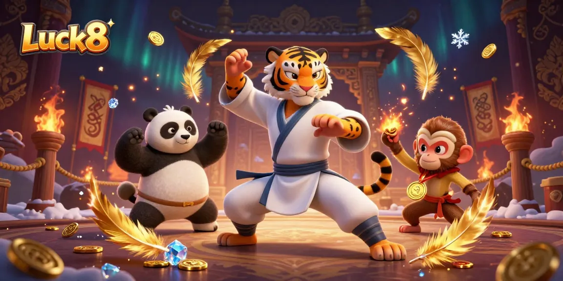 Engage in thrilling Luck8 experiences with the kung fu tiger and panda in a vibrant casino scene.
