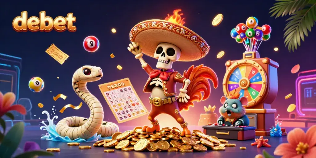 Celebrate big wins with debet in an illustrated casino scene featuring dynamic characters and gaming elements.