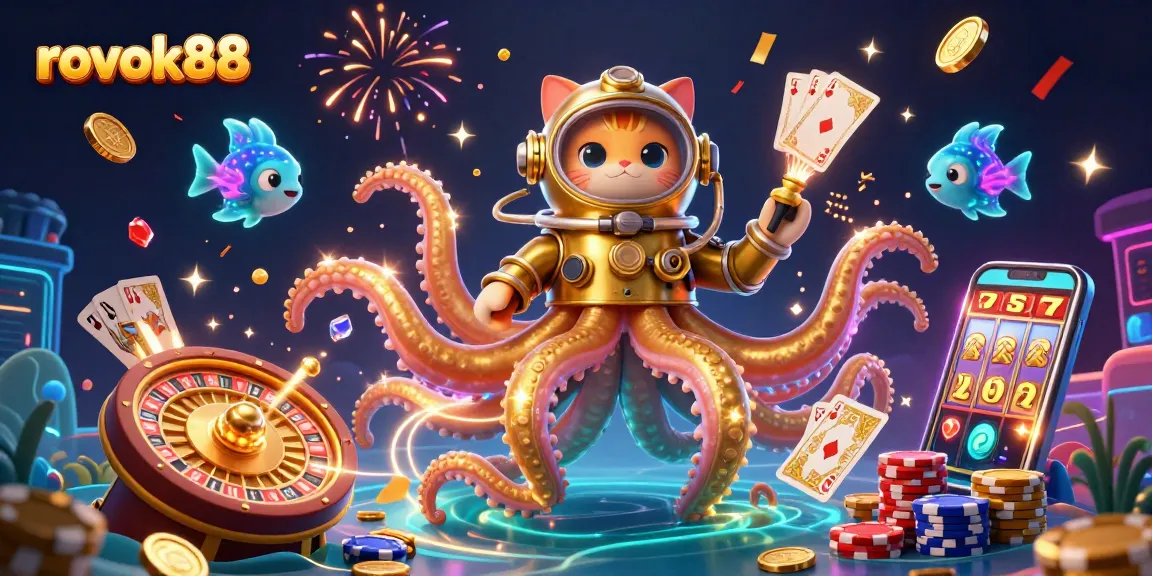 Experience the thrill of rokok88 as you engage with a colossal kraken and playful diving cat amidst a lively casino scene.