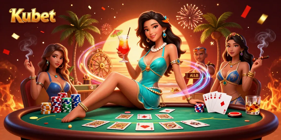 Kubet offers an engaging scene of online gaming with an Asian woman sipping a cocktail amid poker chips and festive decor.