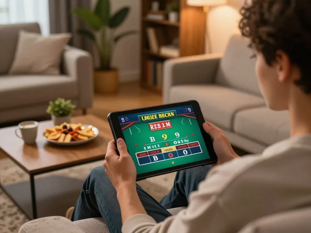 Sunwin player engaging in online blackjack on a tablet in a cozy home setting.
