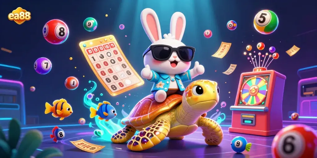 Engage with the vibrant world of ea88 featuring a lucky rabbit and golden sea turtle amidst colorful lottery elements.