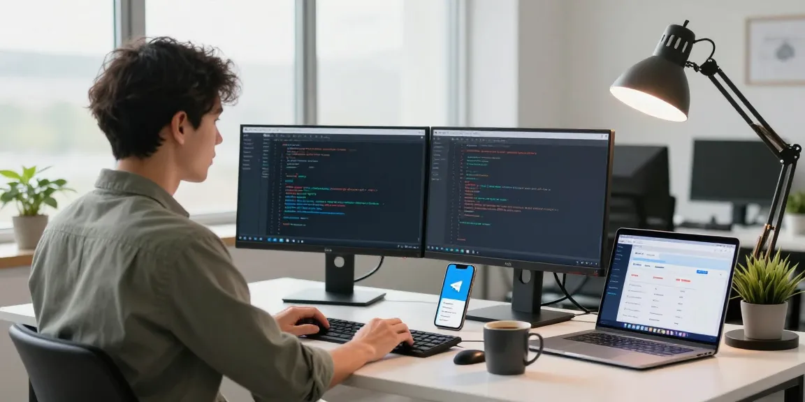 Engaging workspace with Telegram下载 interface on dual monitors, showcasing a modern tech environment.
