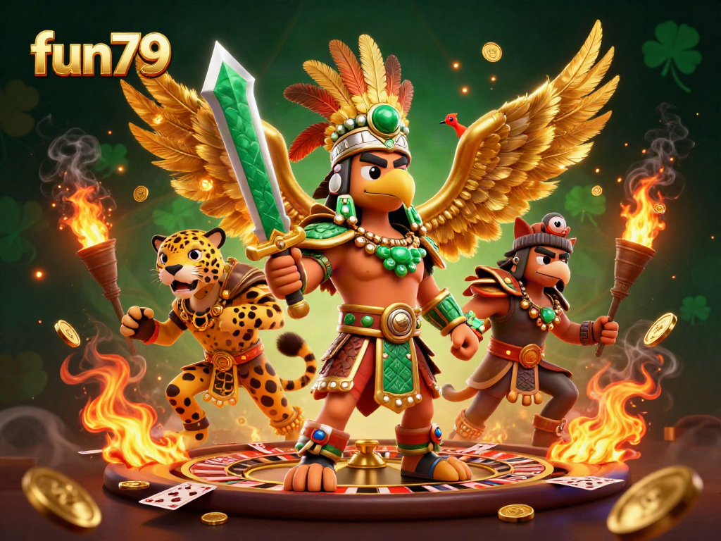 Join fun79's Aztec warrior and jaguar in an epic casino battle surrounded by gold coins and roulette.