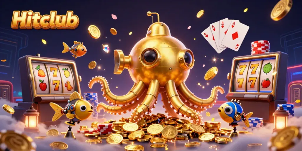 Hitclub's captivating casino scene bursts with action, golden coins, and exciting slot reels.