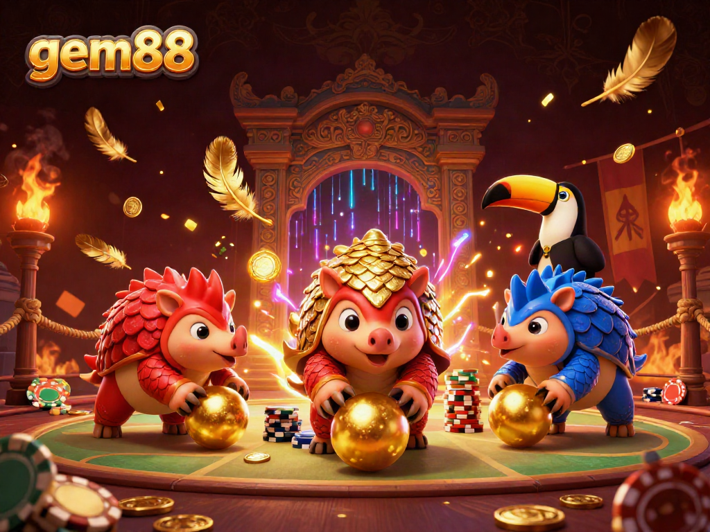 Experience the excitement of gem88 with pangolins playing amidst casino elements.