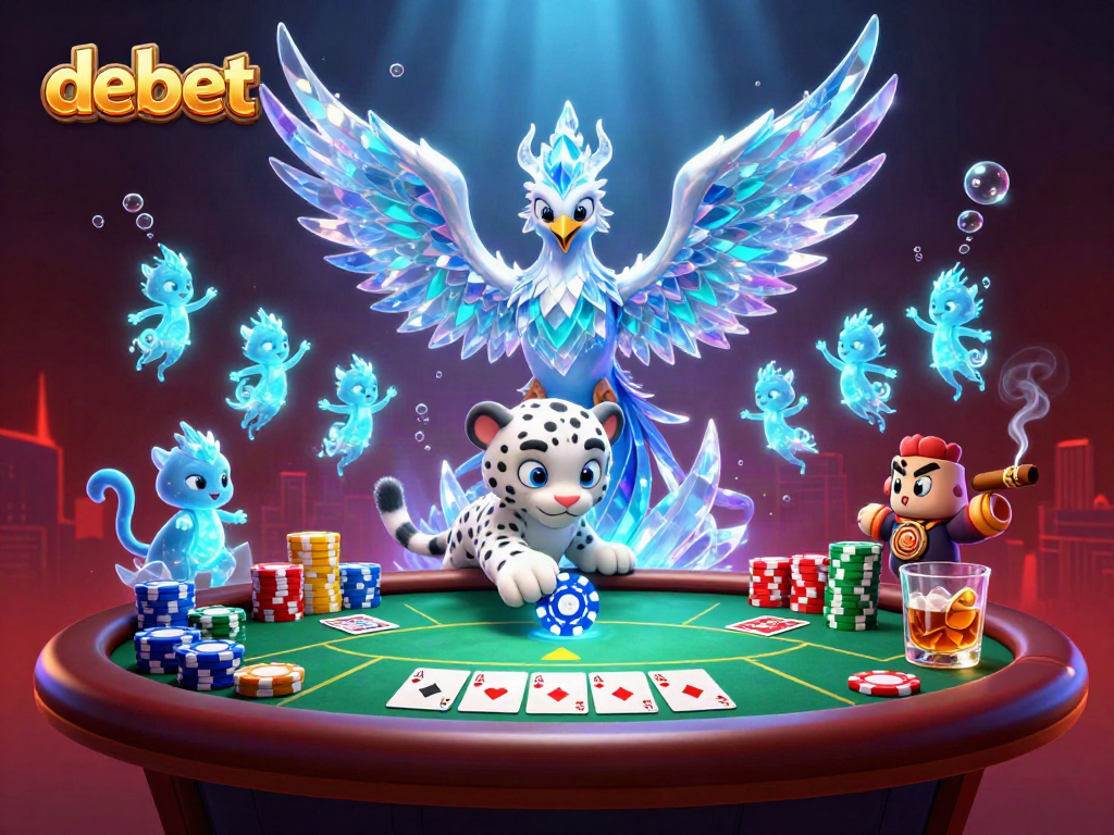 Experience the vibrant casino world with debet's ice phoenix, poker elements, and glowing sprites.
