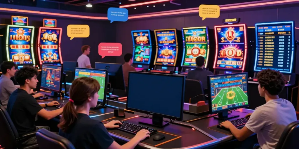 Dynamic online gaming with players at MAN88 casino, featuring live dealers and animated slots.