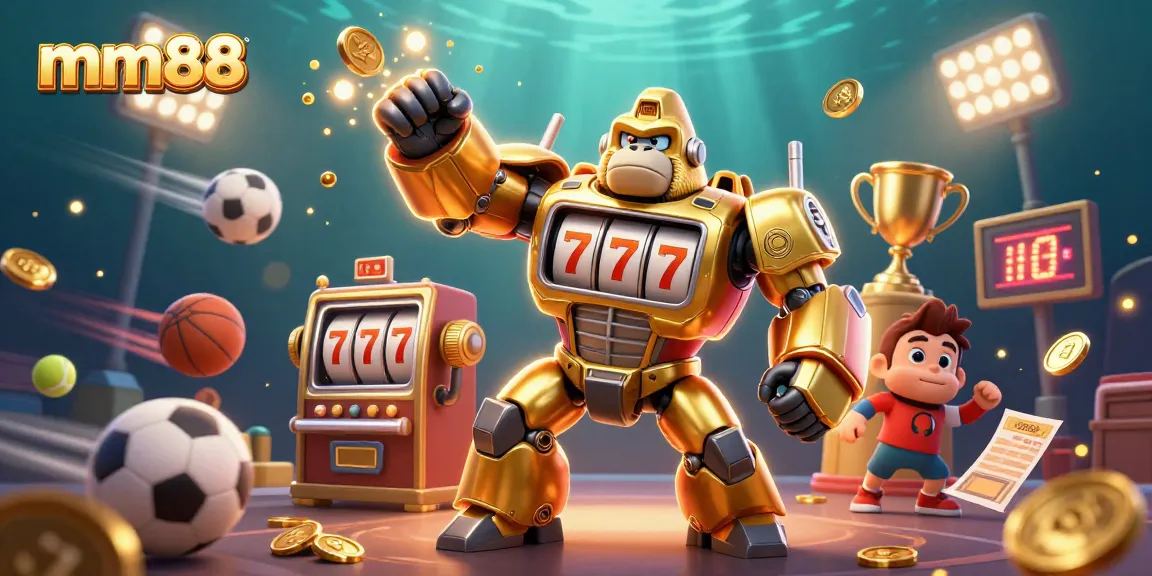 Engage in thrilling gameplay with mm88's golden gorilla mech amidst sports balls and casino elements.
