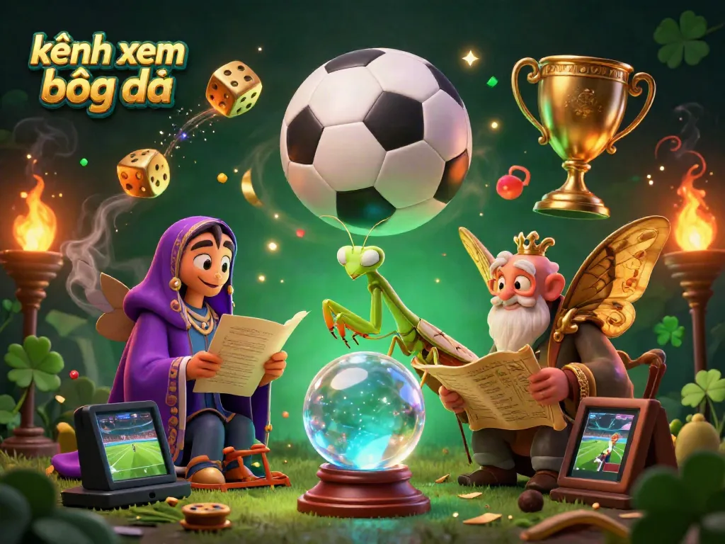 Engage with kênh xem bóng đá through a magical scene featuring a fortune teller and sports elements.
