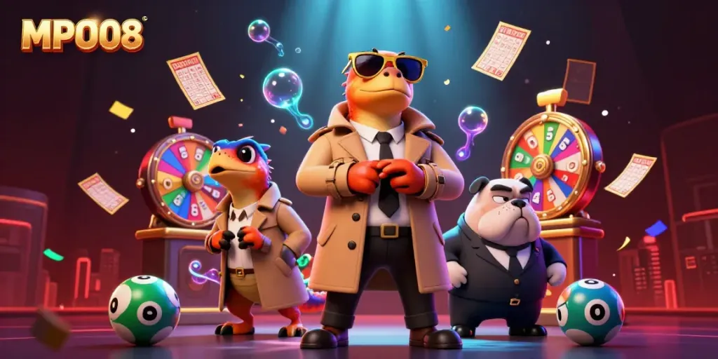 Experience the excitement of MPO08 lottery with raptors sneaking into a casino scene.